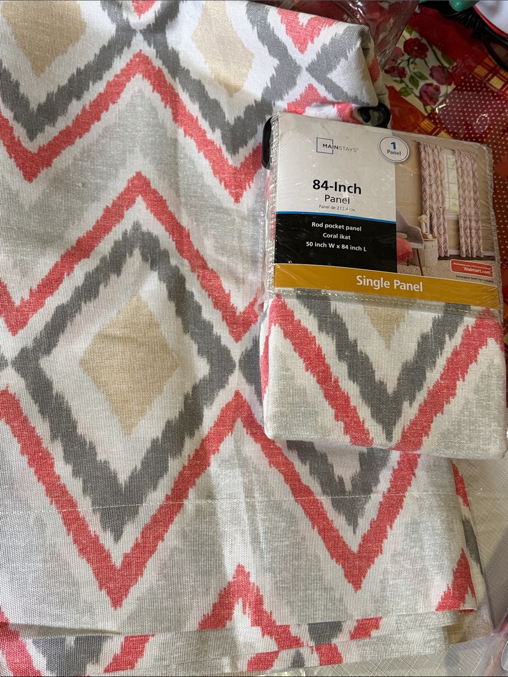 NWT Mainstays 84-Inch Coral Ikat Rod Pocket Panel - Coral, Gray, Beige on White